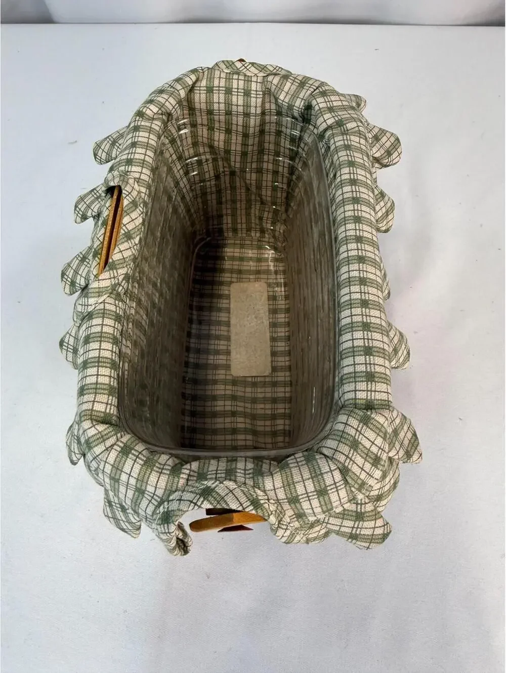 2001 Longaberger Dresden Green Weave Basket w/Plaid Liner & Protector Signed